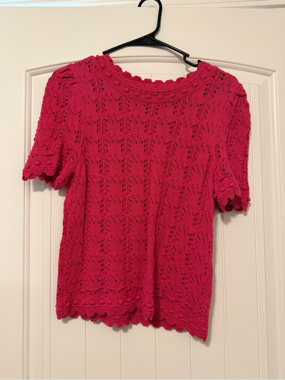 Anthropologie Hot Pink Crochet Knit Short Sleeve Top